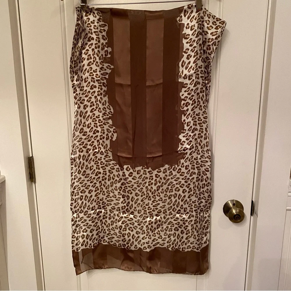 DONCASTER SCARF BROWN WHITE ANIMAL PRINT SILK LONG RECTANGLE ACCESSORY